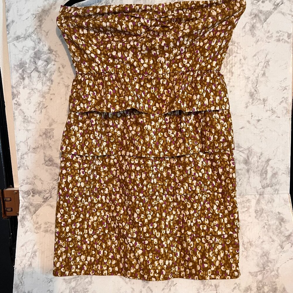 J Crew Size 4 Tiered Ruffled Strapless Summer Cotton Dress Green/Purple/Cream